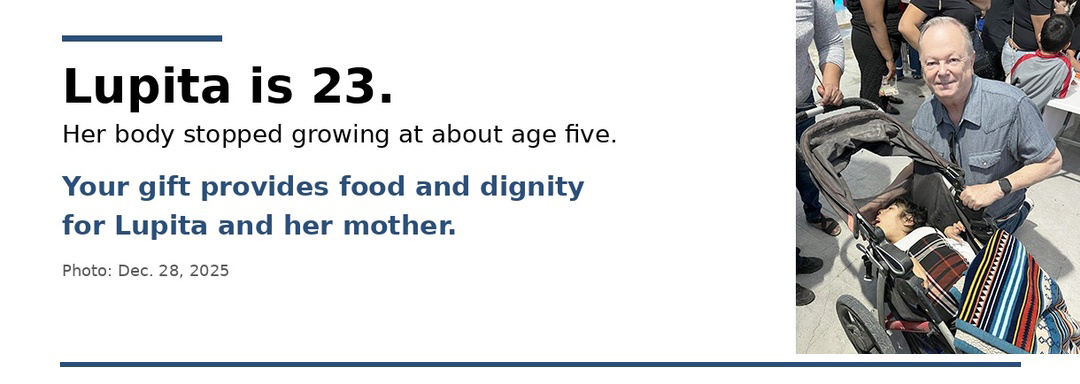 Lupita and her mother with Bob Decker at the Christmas fiesta. Lupita is 23 years old; her body stopped growing at about age five.